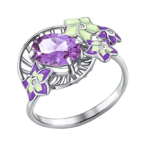 Кольцо из серебра с эмалью c фианитами и аметистом «Букет фрезий»