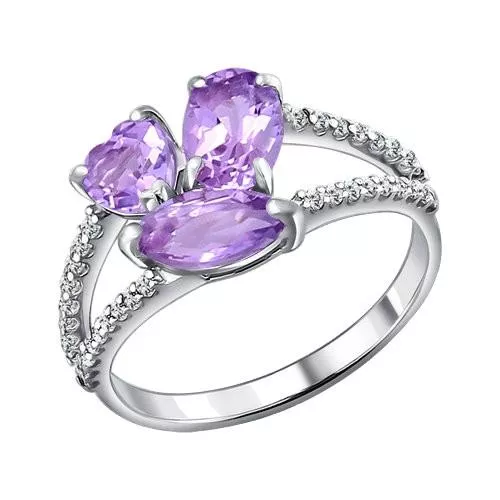 Кольцо из серебра с аметистами и фианитами