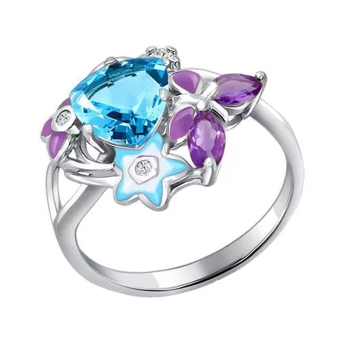 Кольцо из серебра с эмалью с миксом камней