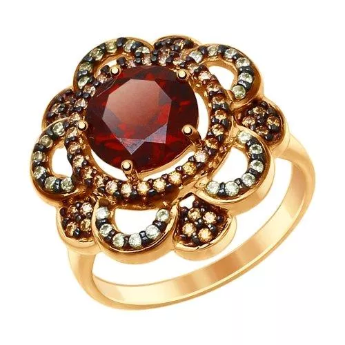 Кольцо из золочёного серебра с гранатом и жёлтыми и зелеными фианитами