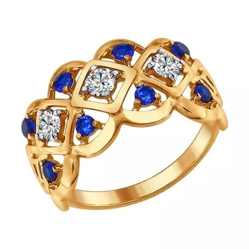 Кольцо из золочёного серебра с бесцветными и синими фианитами