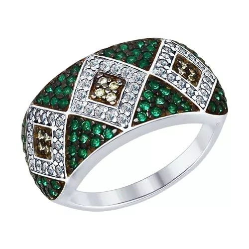 Кольцо из серебра с бесцветными, жёлтыми и зелеными фианитами