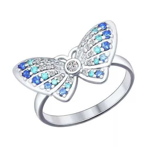 Кольцо из серебра с синими и зелеными фианитами