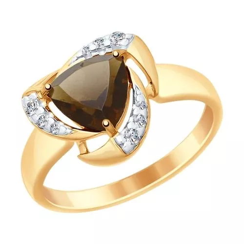 Кольцо из золочёного серебра с раухтопазом и фианитами