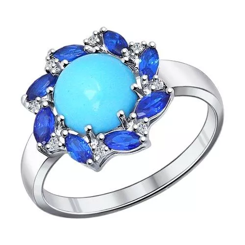 Кольцо из серебра с бирюзой и синими фианитами