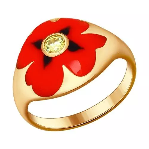 Кольцо из золочёного серебра с эмалью с фианитом «Маки»