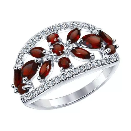 Кольцо из серебра с гранатами и фианитами