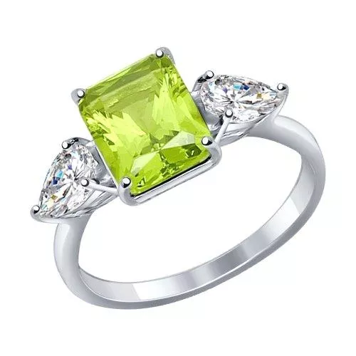 Кольцо из серебра с зелёным ситаллом и фианитами