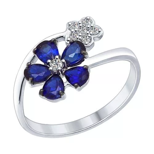 Кольцо из серебра с корундами сапфировыми (синт.) и фианитами