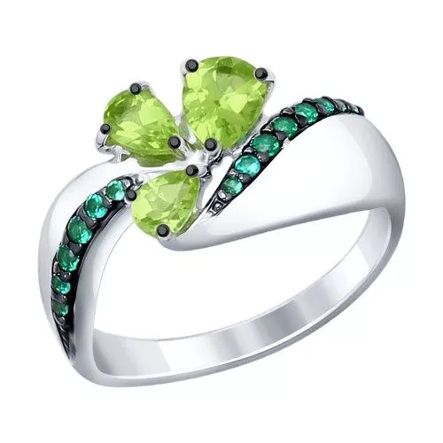 Кольцо из серебра с хризолитами и зелеными фианитами