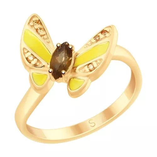 Кольцо из золочёного серебра с эмалью и раухтопазом и фианитами