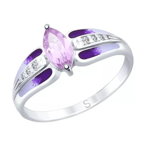 Кольцо из серебра с эмалью и аметистом и фианитами