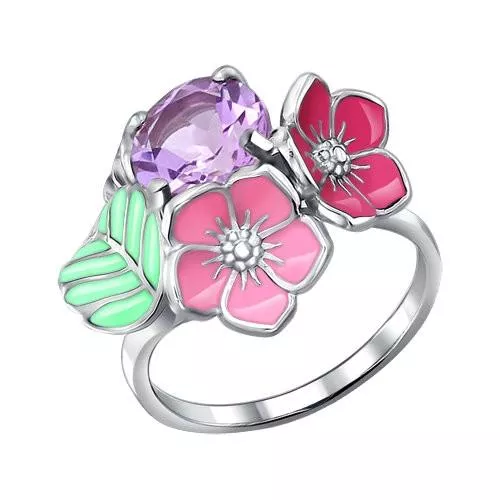 Кольцо из серебра с эмалью с аметистом