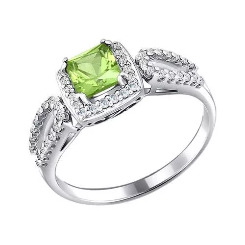 Кольцо из серебра с фианитами и хризолитом