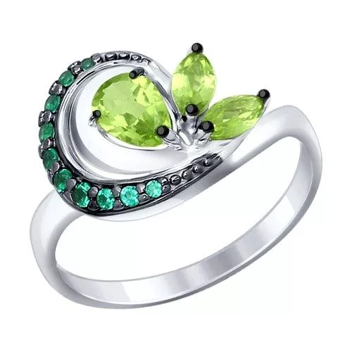 Кольцо из серебра с хризолитами и зелеными фианитами