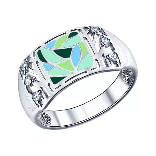 Кольцо из серебра с эмалью с фианитами