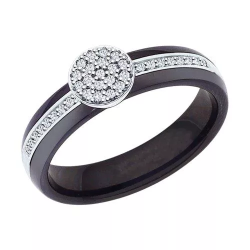 Чёрное керамическое кольцо с серебром и фианитами