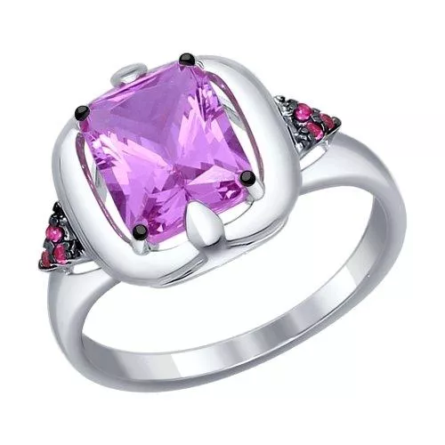 Кольцо из серебра с сиреневым ситаллом и красными фианитами