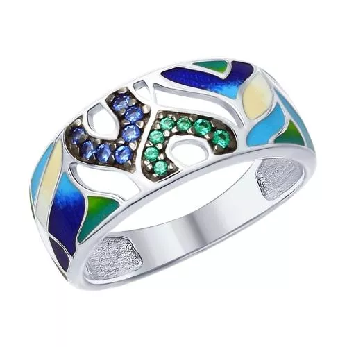 Кольцо из серебра с эмалью и фианитами