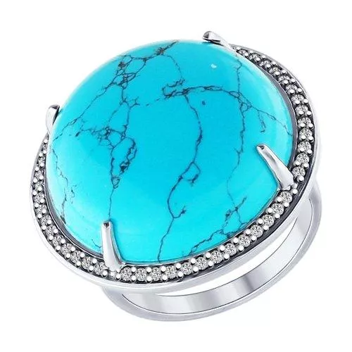 Кольцо из серебра с бирюзой синтетической и фианитами