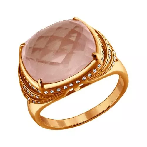 Кольцо из золочёного серебра с розовым агатом и фианитами