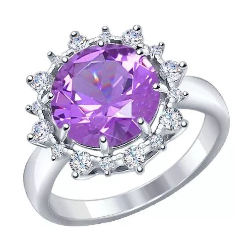 Кольцо из серебра с сиреневым ситаллом и фианитами