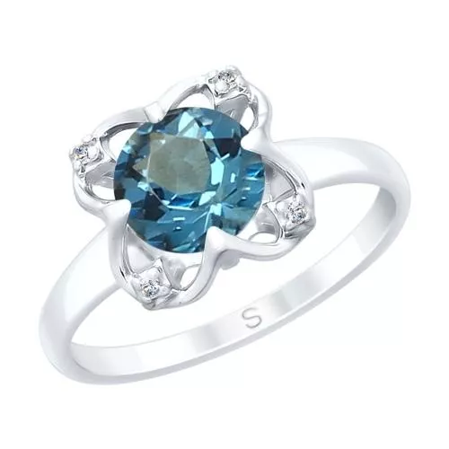 Кольцо из серебра с синим топазом и фианитами