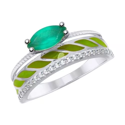 Кольцо из серебра с эмалью и агатом и фианитами