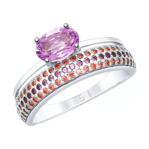 Кольцо из серебра с аметистом и фианитами