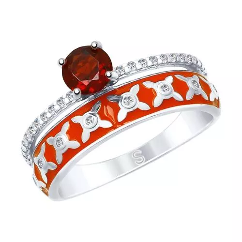 Кольцо из серебра с эмалью и гранатом и фианитами