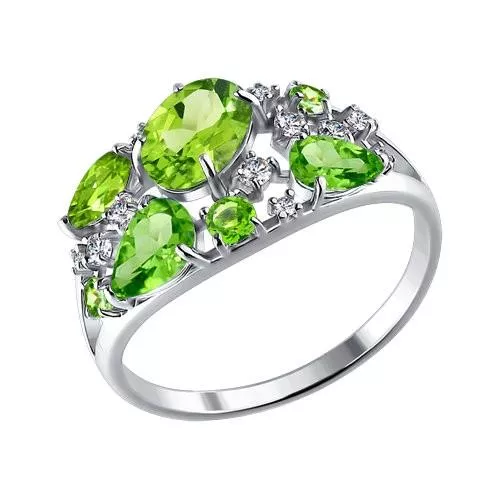 Кольцо из серебра с фианитами и хризолитами