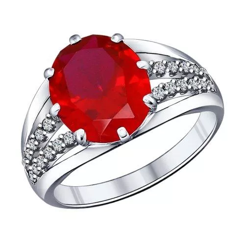 Кольцо из серебра с корундом рубиновым (синт.) и фианитами
