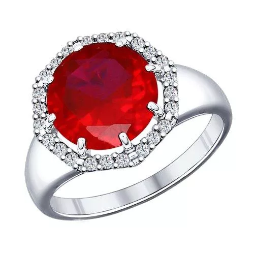 Кольцо из серебра с корундом рубиновым (синт.) и фианитами