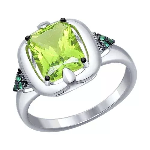 Кольцо из серебра с зелёным ситаллом и зелеными фианитами