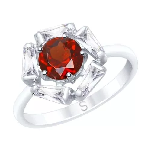 Кольцо из серебра с гранатом и фианитами