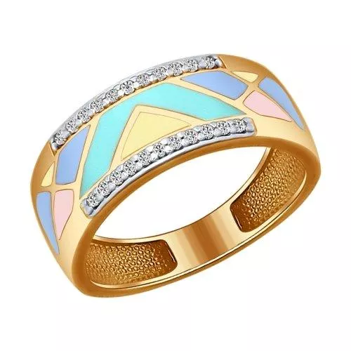 Кольцо из золочёного серебра с эмалью и фианитами