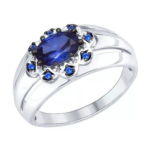 Кольцо из серебра с корундом сапфировым (синт.) и синими фианитами