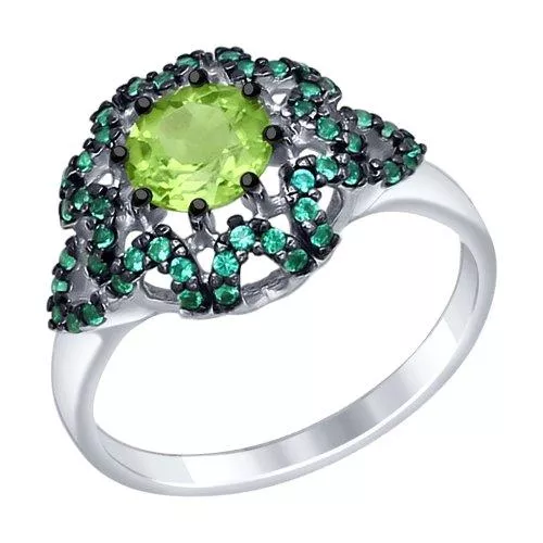 Кольцо из серебра с хризолитом и зелеными фианитами