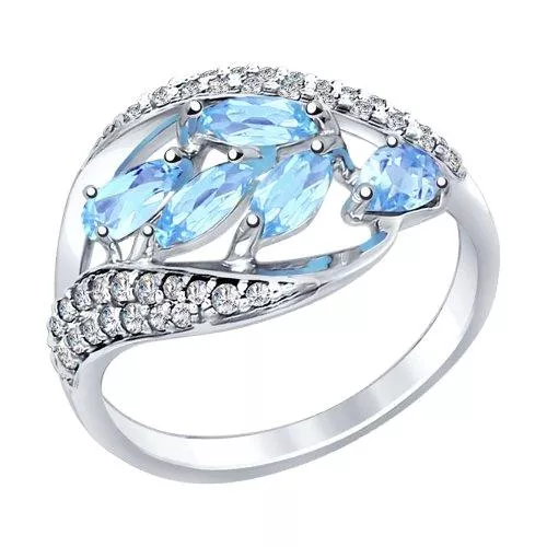 Кольцо из серебра с голубыми топазами и фианитами