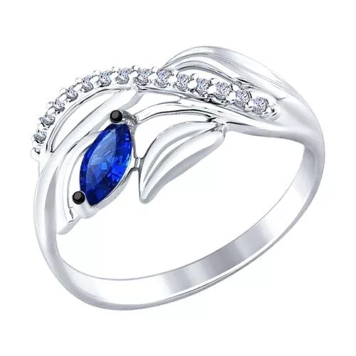 Кольцо из серебра с бесцветными и синим фианитами