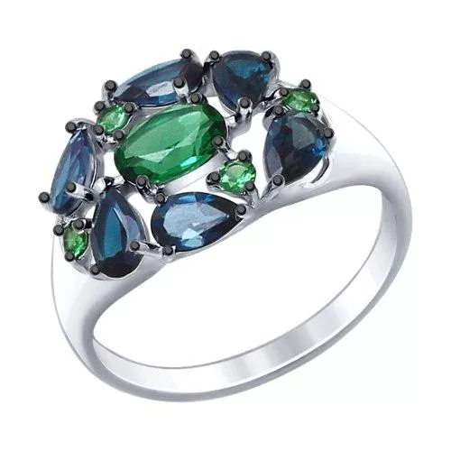 Кольцо из серебра с синими топазами и зелеными ситаллами
