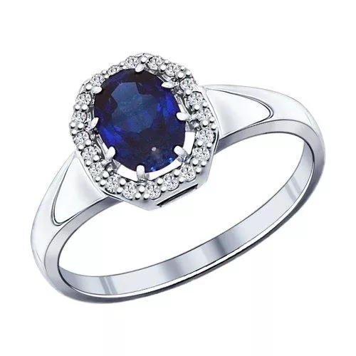 Кольцо из серебра с корундом сапфировым (синт.) и фианитами