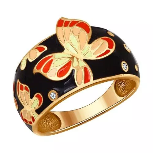 Кольцо из золочёного серебра с эмалью с фианитами