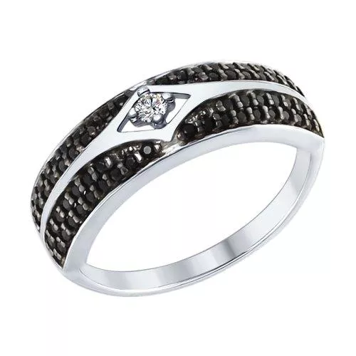 Кольцо из серебра с бесцветным и чёрными фианитами