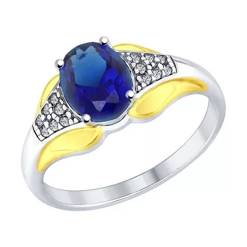 Кольцо из серебра с синим корундом (синт.) и фианитами