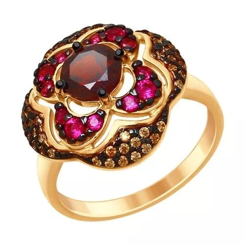 Кольцо из золочёного серебра с гранатом и жёлтыми и красными фианитами