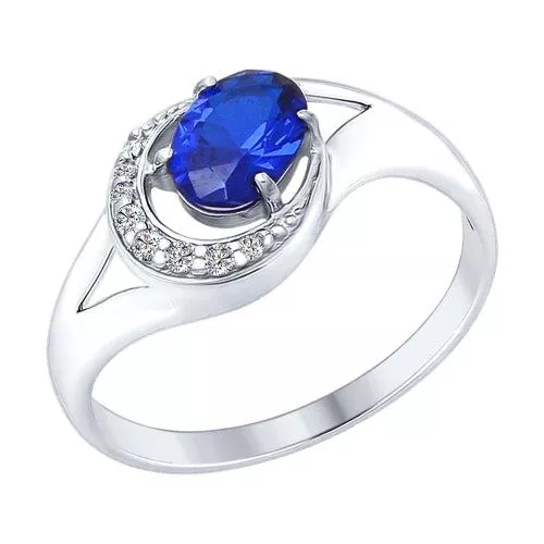 Кольцо из серебра с бесцветными и синим фианитами