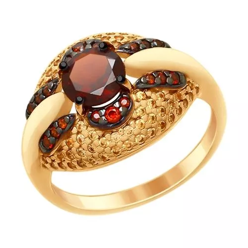 Кольцо из золочёного серебра с гранатом и жёлтыми и красными фианитами