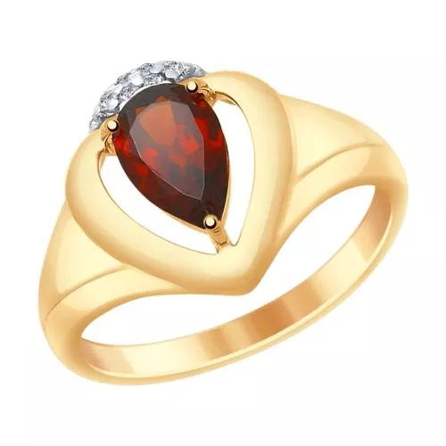 Кольцо из золочёного серебра с гранатом и фианитами