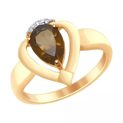 Кольцо из золочёного серебра с раухтопазом и фианитами